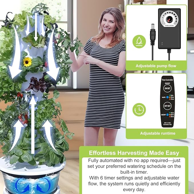 Vertical Hydroponic Growing System Kit, Indoor & Outdoor Hydroponic Tower, Herb Growing Garden with 36 Planting Sites, Automatic Timer Smart Hydroponic Gardening System