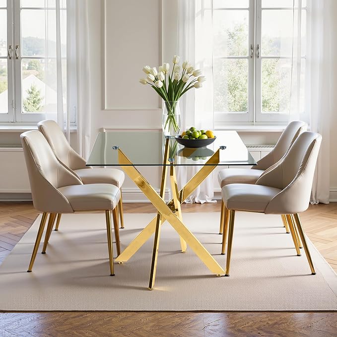 Dining Table for 4 Modern 35.43" Rectangular Glass Dining Table Kitchen & Dining Room Tables with Metal Base for Dining Room and Apartment, Golden