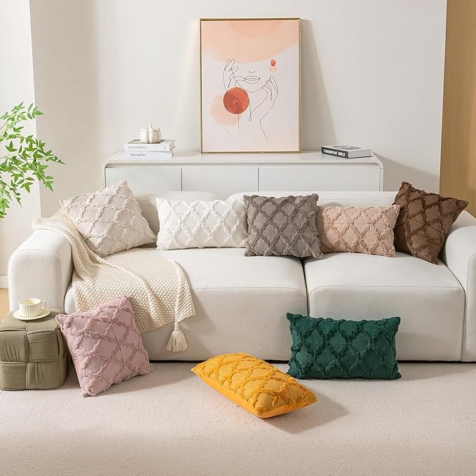 Set of 2 Soft Moroccan Throw Pillow Covers 20x20 Inch Plush Boho Decorative Pillow Cover Accent Cushion Case for Couch Sofa Bed, Light Brown