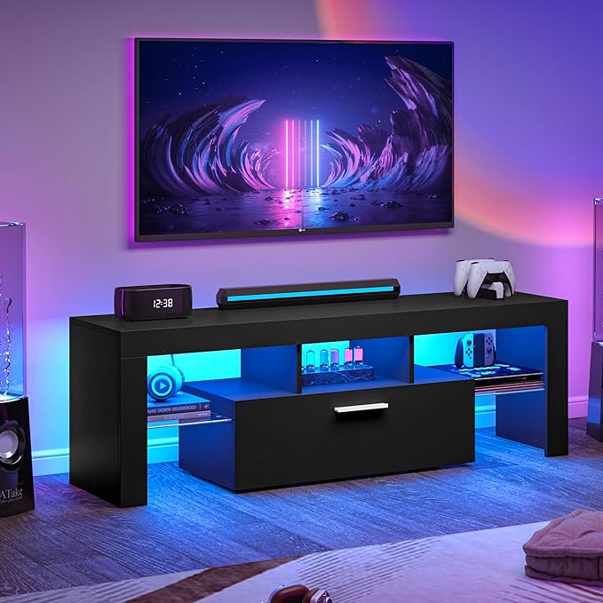 Clikuutory Modern Lighting 51 inch TV Stand with Large Storage Drawer for 32 40 50 55 Inch TVs, TV Console with 20 Color LED Lights, Entertainment Center Media and Open Shelf for Bedroom, Black