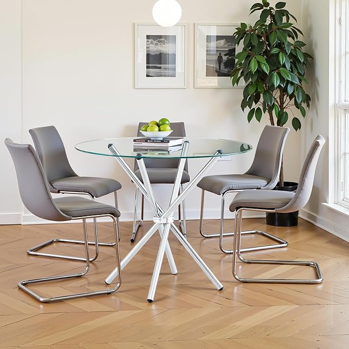 Kitchen Table for 2 Modern 36.6" Round Glass Table Small Tables with Trestle Metal Leg for Living Room and Apartment, Silver