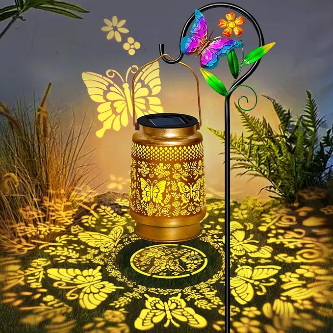 2 Packs Butterfly Solar Lanterns Outdoor Waterproof with Shepherd Hook,Garden Lights Butterfly Decor,Christmas Decorations Birthday Gifts for Women Mom,Hanging Solar Lights Decorative for Patio,Porch