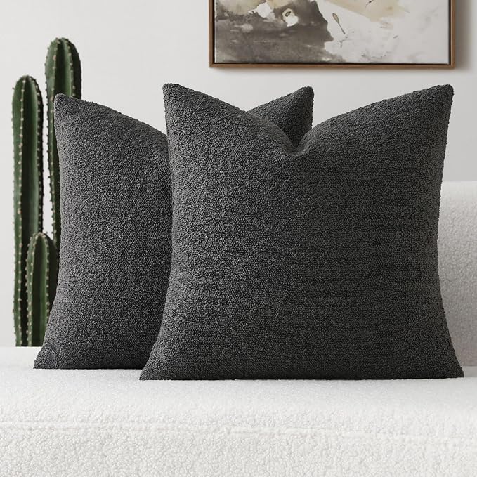 FUTEI Pack of 2 Dark Grey Decorative Throw Pillow Covers 18x18 Inch Soft Cozy Solid Boucle Textured Cushion Case,Modern Home Decor for Couch Bed Living Room