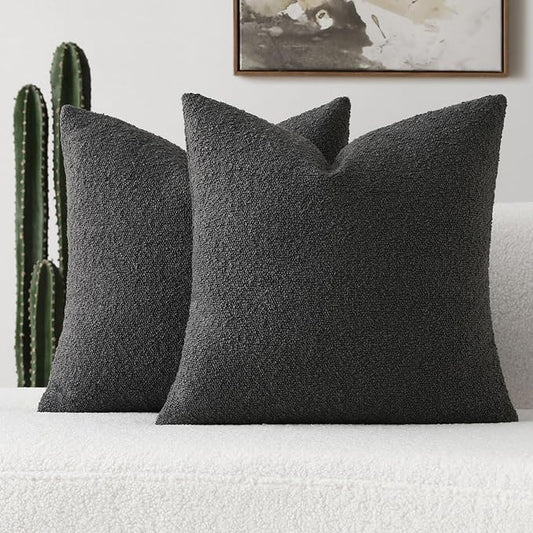 FUTEI Pack of 2 Dark Grey Decorative Throw Pillow Covers 18x18 Inch Soft Cozy Solid Boucle Textured Cushion Case,Modern Home Decor for Couch Bed Living Room