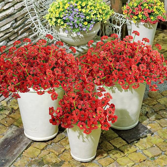 Krissing 48 Bundles Outdoor Artificial Flowers UV Resistant Fake Silk Flowers Faux Plastic Plants Outside Garden Porch Window Box Summer Decoration (Red)