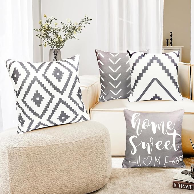 Decorative Throw Pillow Covers Set of 4 Grey Pillow Covers 20x20 inch Throw Pillows Linen Square Pillow Case,Farmhouse Outdoor Geometric Pillow Covers for Couch Sofa Living Room(Gray)