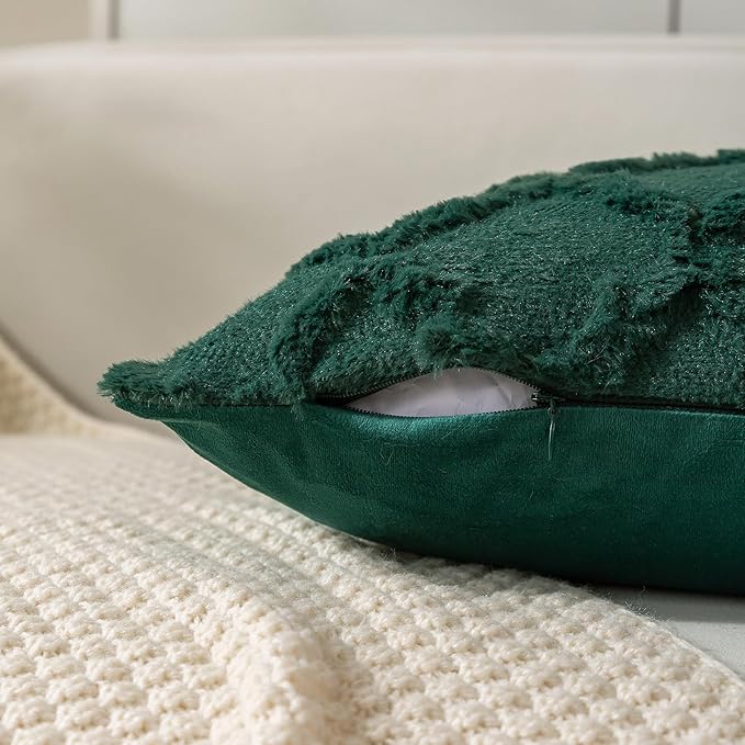 Set of 2 Soft Moroccan Throw Pillow Covers 24x24 Inch Plush Boho Decorative Pillow Cover Accent Cushion Case for Couch Sofa Bed, Dark Green