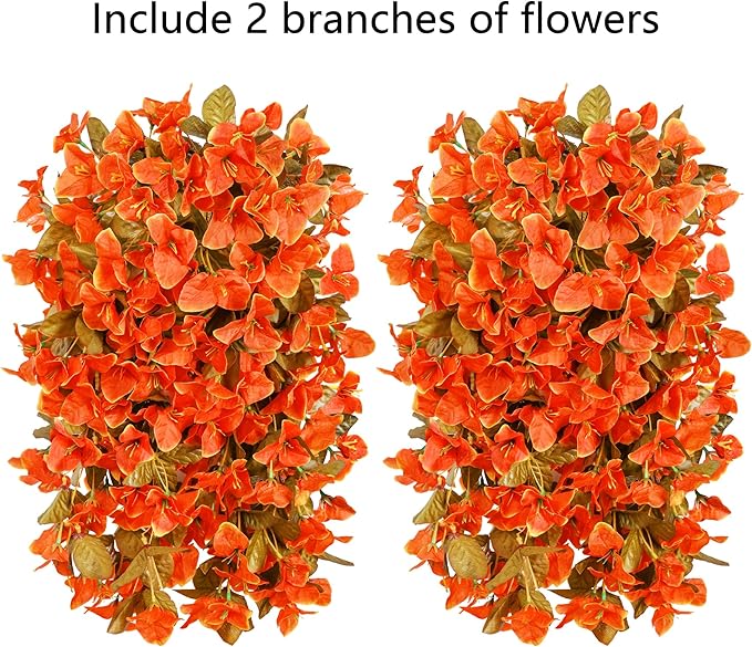 Bougainvillea Artificial Fall Hanging Flowers Plants for Outdoors Autumn Decoration, 2pcs Faux Bougainvillea Vines Orange Fake Flowers Realistic UV Resistant Silk Flowers for Outside Planter Yard Home