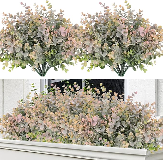 RECUTMS 8 Bundles Artificial Greenery Plants Stems Outdoor Fake Eucalyptus Plants Boxwood Bushes for Farmhouse Bathroom Office Vase Centerpiece Indoor Outdoor Decoration(Dusty Pink)