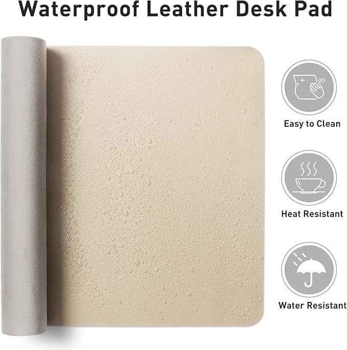 Aothia Non-Slip PU Leather Waterproof Laptop Desk Pad Protector, Blotter Mat, Writing and Mouse Pad for Office & Home, Beige, 23.6" x 13.7", Large