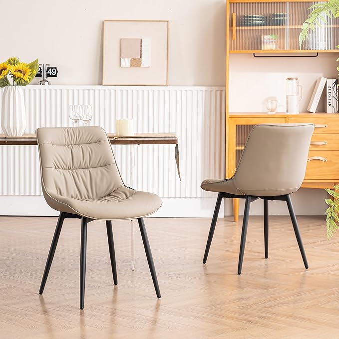 Kidol & Shellder Dining Chairs Set of 2, Modern Upholstered Faux Leather Kitchen Side Chairs with Comfortable Back - Mid-Century Armless Chair for Dining Living Room Bedrooms, with Metal Legs (Khaki)