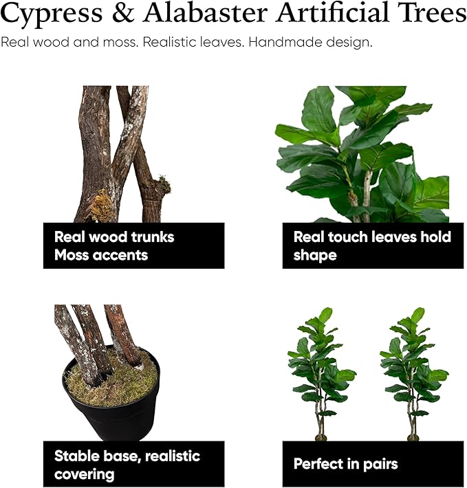 Cypress & Alabaster Handmade 6ft Oversized Fiddle Leaf Fig Ficus Lyrata Artificial Tree with Ethically Sourced Real Wood Trunks, Hypoallergenic, 6-Foot, Green