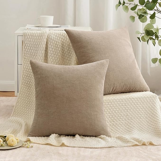 MIULEE Light Brown Couch Pillow Covers 18x18 Inch, Set of 2 Soft Chenille Decorative Square Throw Pillow Covers Farmhouse for Sofa Living Room Bed