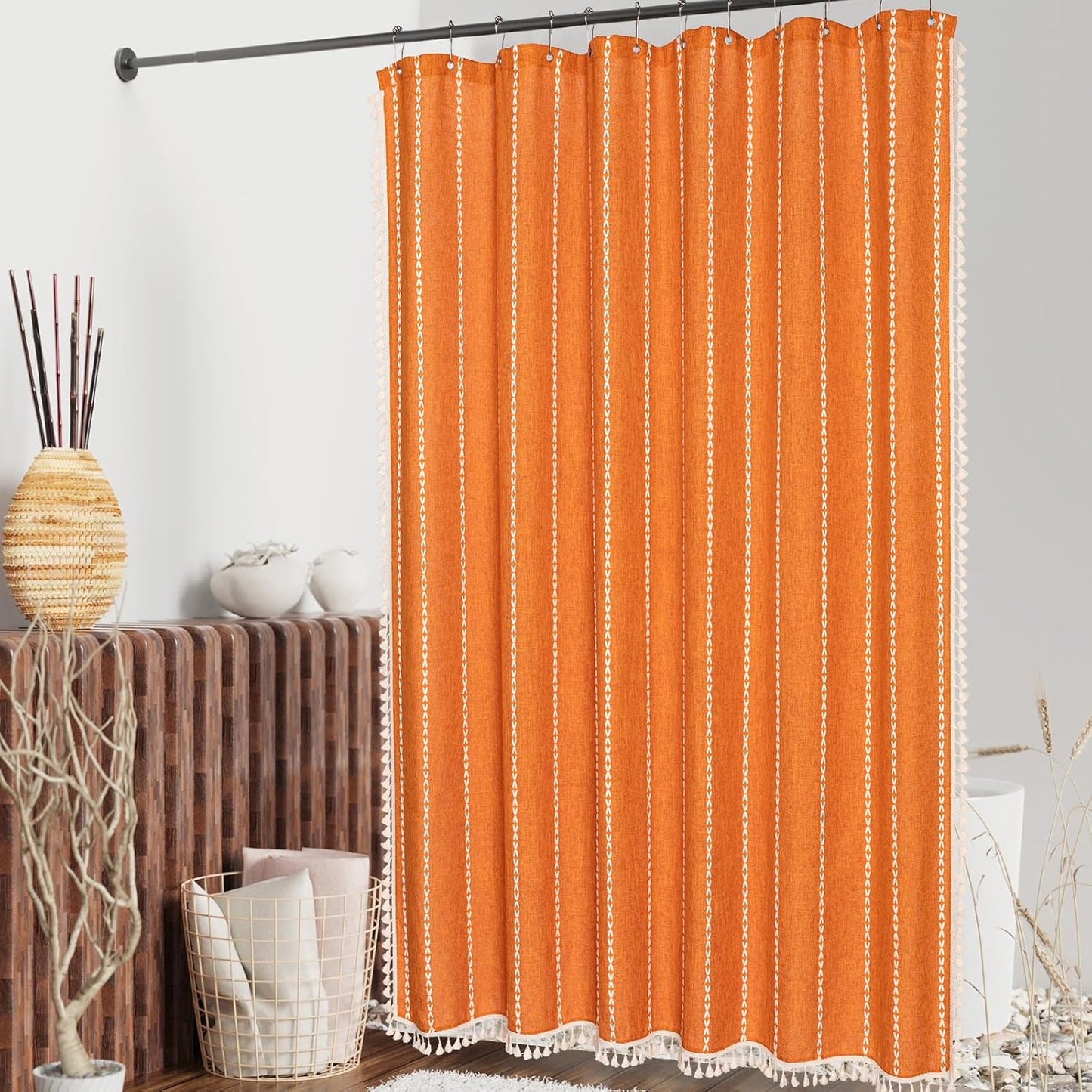 MitoVilla Boho Long Shower Curtain 72 x 78, Orange Farmhouse 78 inch Long Polyester Linen Fabric Shower Curtains with Tassel for Chic Cottagecore French Rustic Bathroom Decor