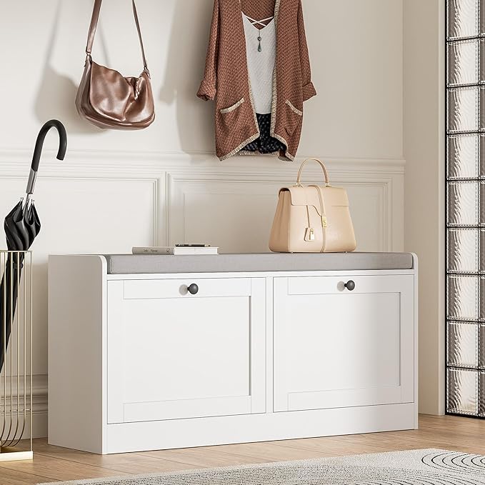 MHOM White Entryway Bench with 2 Flip Drawers, Shoe Bench with Padded Seat Cushion, Wooden Shoe Storage Bench for Entryway and Apartment