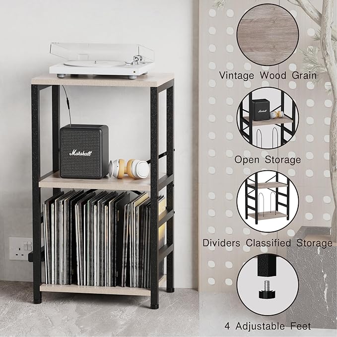 End Table with LED Light,Record Player Stand with Albums Storage,Vinyl Records Storage,Turntable Stand Side Table for Music Room Studio Living Room Bedroom-Greige