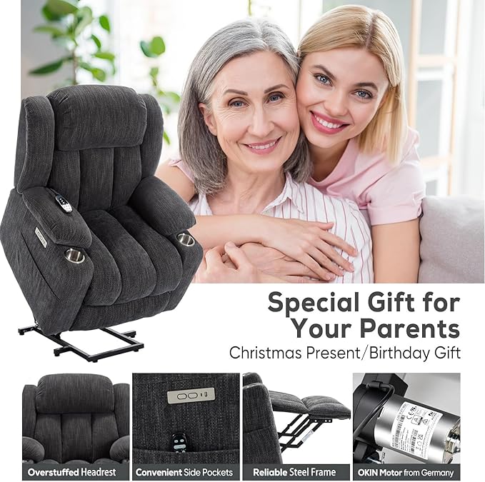 Power Lift Recliner Chair, 350lb Capacity with 8-Point Massage & Heating, USB/Type-C Ports & Cup Holders, Heavy Duty Chenille Recliner for Elderly, Grey