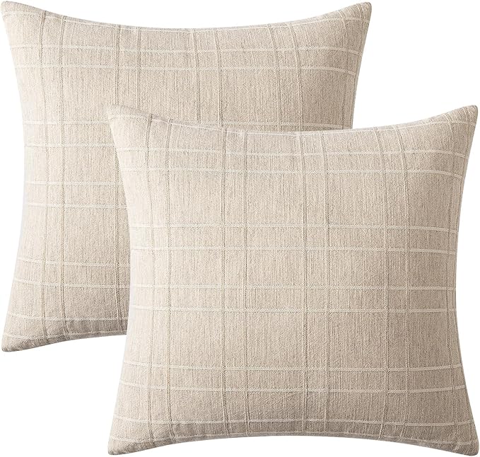 MIULEE Decorative Linen Check Euro Shams Throw Pillow Covers Neutral Farmhouse Vintage Christmas Pillow Covers 24x24 Set of 2 Boho Modern Home Decor for Sofa Couch Bedroom Cushion Natural Beige
