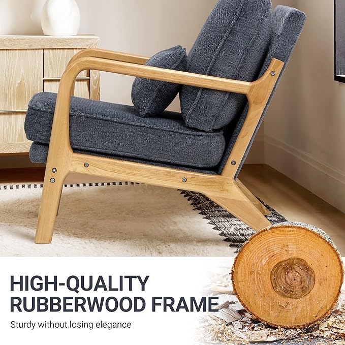 Modern Accent Chair with Lumbar Pillow, Relaxing Mid Century Chair Armchair with Solid Wood Frame & Soft Cushion, Reading Leisure Armchair for Living Room, Blue