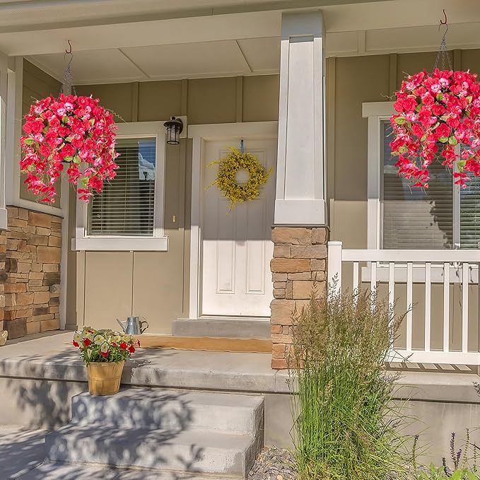 Artificial Fake Hanging Hibiscus Flower Baskets for Outdoor Decoration, Faux Silk Hibiscus Long Vines in Planter UV Resistant Realistic Flowers for Outside Porch Patio Home Decor, RedPink