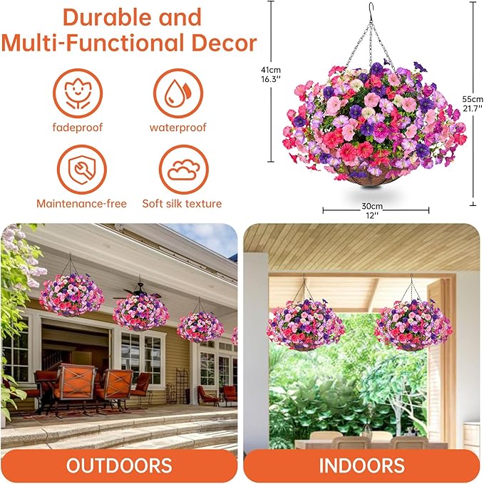 Artificial Hanging Faux Flowers Basket, Fake Silk Petunias Plants Arrangement,for Spring Summer Outdoor Decoration,UV Resistant, Morning Glorias,for Home Garden Decor (PinkPurple)