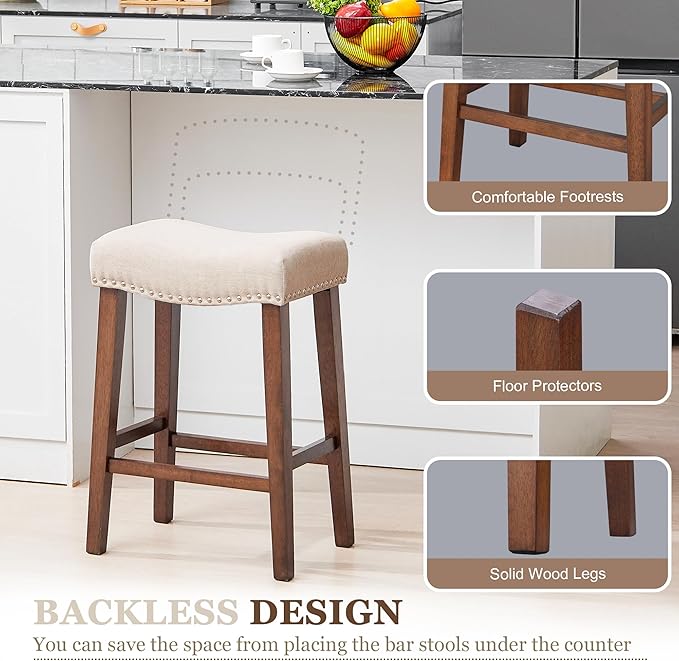 PrimeZone Counter Height Bar Stools Set of 2 - Backless Saddle Barstools with 4.3" Thick Upholstered, Nailhead Trim Linen Fabric & Solid Wood Legs, 26 Inch Counter Stools for Kitchen Island, Beige