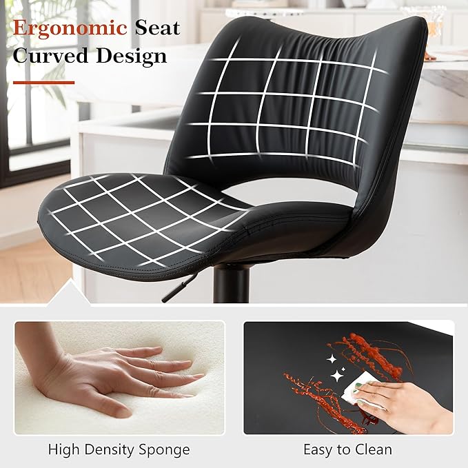 YOUNIKE Modern Bar Stools Set of 2, Black PU Leather Upholstered Barstools, Swivel Adjustable Armless Counter Stool, Ergonomic Hollow Mid Backrest Bar Chair for Kitchen Island, Home Bar Counter