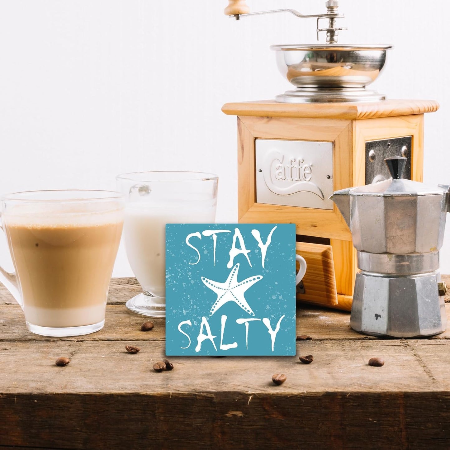 Stay Salty Wooden Block Plaque - Starfish & Summer Blue Tabletop Sign Decor For Friends Family Coworker - 5"x5" Office Room Home Wood Block - Funny Beach Desk Gifts Favors & Supplies - A04