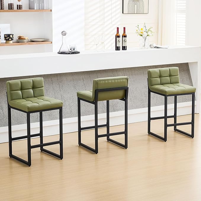 Bar Stools Set of 3, Upholstered PU Leather Counter Height Barstools with Low Back and Thickened Metal Legs, Modern Counter Stools for Kitchen Island (Avocado Green, 3Pcs 26" Bar Stools)