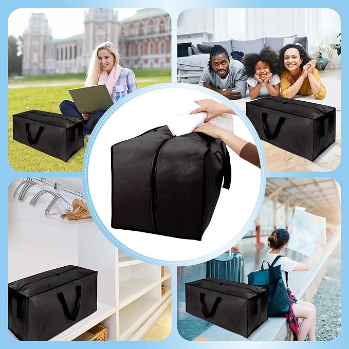 12 Pack Large Strong Moving Bags with Zippers & Carrying Handles - Water-Resistant - Heavy Duty Storage Tote for Space Saving Moving Storage, Fold Flat, Alternative to Moving Box (Black)