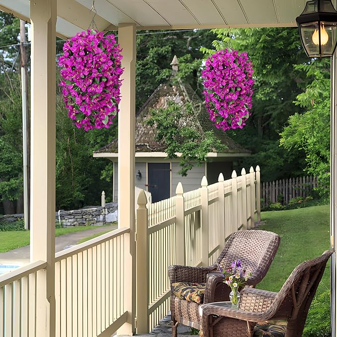 2 pcs Artificial Faux Bougainvillea Flowers Plants for Outdoor Outside Summer Decoration, Fake Silk UV Resistant Long Trailing Vines for Front Door Porch Planter Balcony (Purple Deep Lotus)