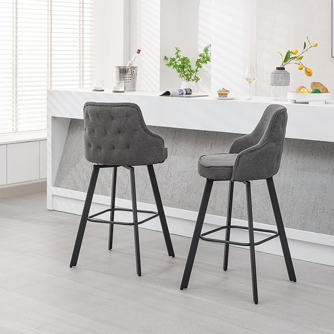 Bar Stools Set of 2, 30" Swivel Bar Height Bar Stool with High Back, Linen Kitchen Barstool Bar Height for Kitchen Island (Dark Grey, 2PCS 30" Bar Stools)