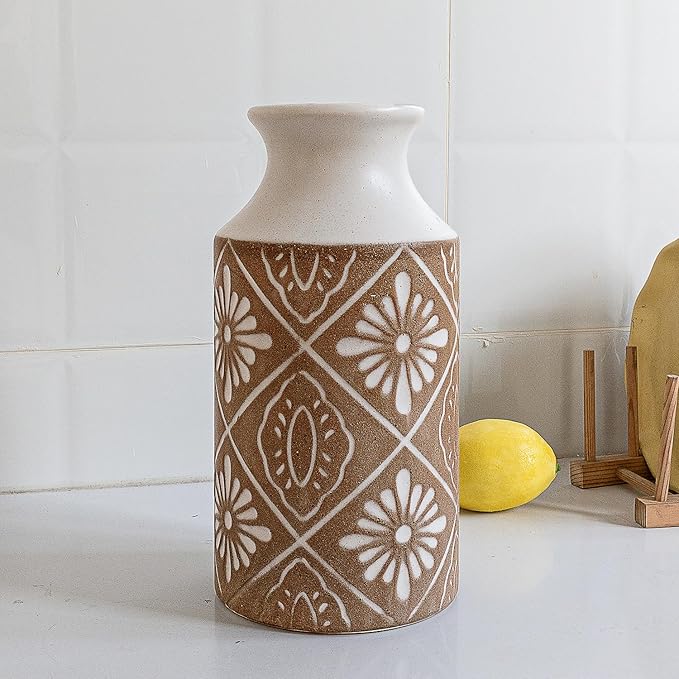 Rustic Ceramic Vase Set of 2 for Living Room Bedroom 11.02'' and 9.05'' Large Unique Flower Vases for Home Decor Office Centerpieces Fireplace Vintage Antique Farmhouse Modern Gift for Plant