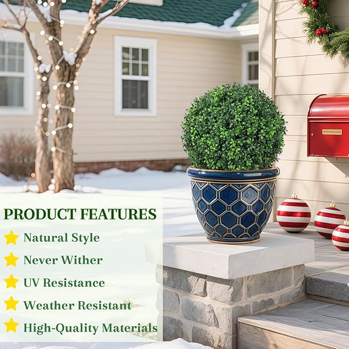 25.6'' Faux Outdoor Plants with Spike, 1PCS UV Resistant Artificial Boxwood Balls Topiary Tree Outdoor, Realistic Fake Plants Outside for Balcony Yard Garden Porch Entryway Front Door Decor