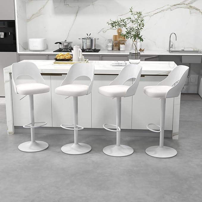 civama Bar Stools Set of 4 for Kitchen Counter, Seat Height Adjustable 25''-33'', Modern Upholstered Swivel Island Chairs with Hollow Backrest Metal Base, White