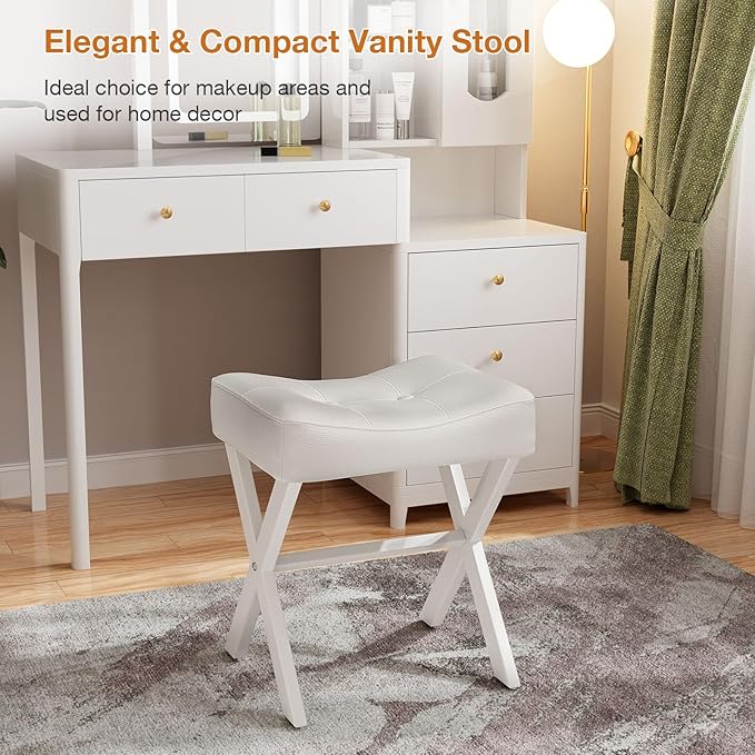 18-Inch Leather Vanity Stool Chair, Vanity Bench with Metal X-Leg, Ottoman Accent Stool with Thick Padded Saddle Seat, White
