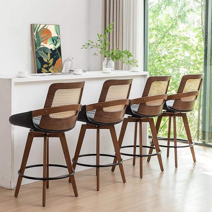 Set of 3 Counter Height Bar Stools - 26.4 inch Swivel Counter Stools with Cane Back, Upholstered Seat, Curved Arms, Rattan CounterStools for Island/Pub/Kitchen/Cafe (26" Seat Height, Black)
