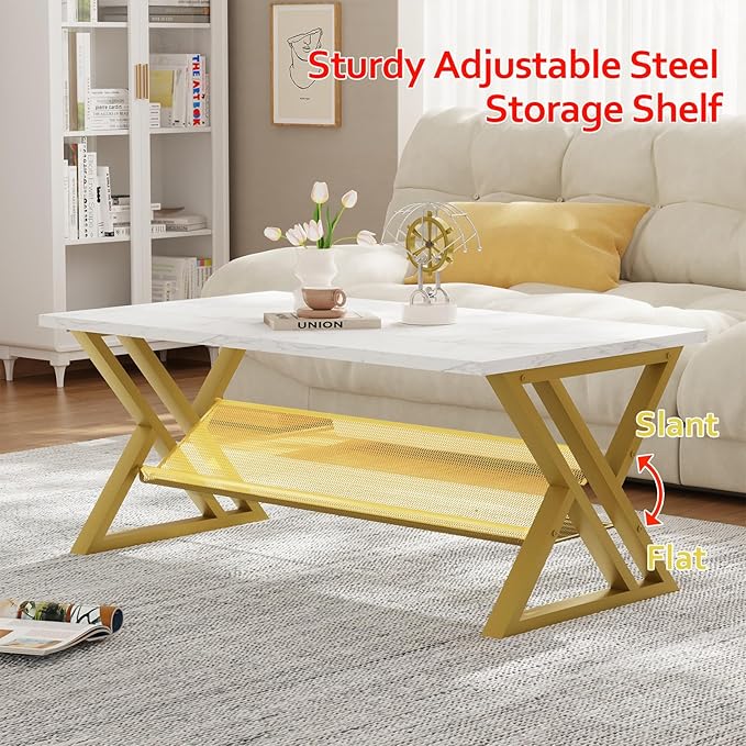 Coffee Table Living Room Table with Storage Shelf, White Table Simple Modern Faux Marble Rectangular Tables with Sturdy Gold Metal Frame,Industrial Wooden Coffee Table for Bedroom Home Office
