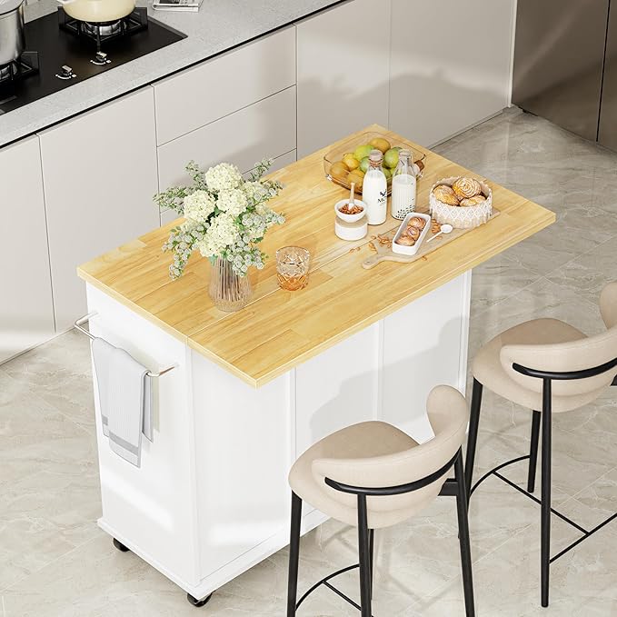 Shintenchi Kitchen Island with Storage, Bar Cart Cabinet Island Table on Wheels, Rolling Microwave Cart for Kitchen with Drop Leaf, Drawers, Towel Rack, Seating Area for Dining Room, White