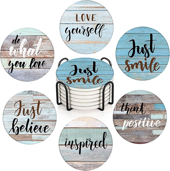 Britimes Coaster for Drinks Set of 6, Just Smile Colorful Inspiration Day Absorbent Round Ceramic Stone Mat, with Cork Base and Metal Holder, Gift for Housewarming Room Bar Decor