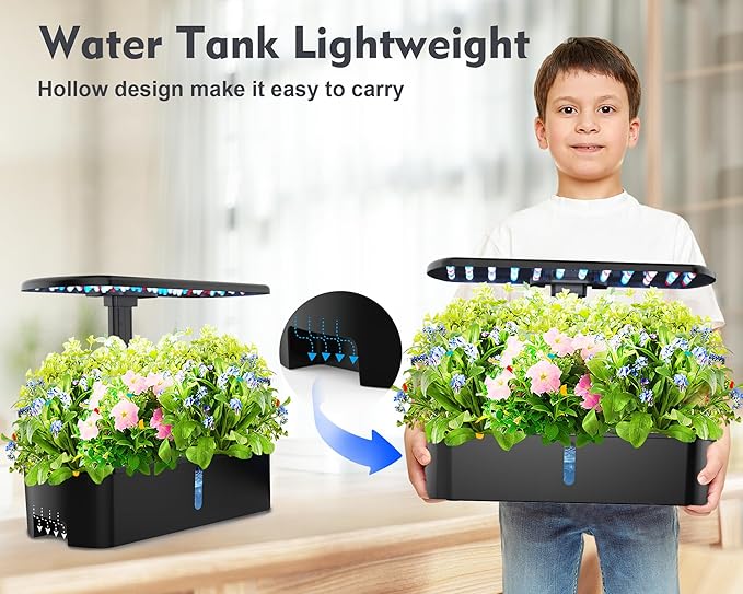 Hydroponics Growing System Kit 12 Pods Indoor Garden, Hydroponic Indoor Herb Garden Kit with Grow Light, Smart in Door Gardening, Adjustable Height, Auto Timer, Quiet Pump, Gift for Mom Women, Black