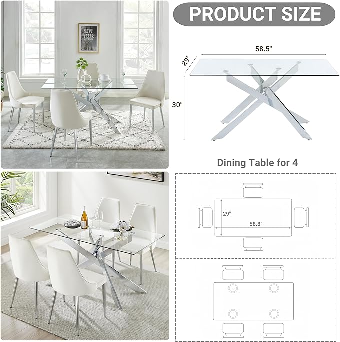 Edwin's Choice 58.5” Rectangle Glass Dining Table, Tempered Glass Tabletop and Metal Tubular Legs, Modern Style Table for Home, Kitchen, Dining Room 58.5”Lx29”Wx30”H, Silver
