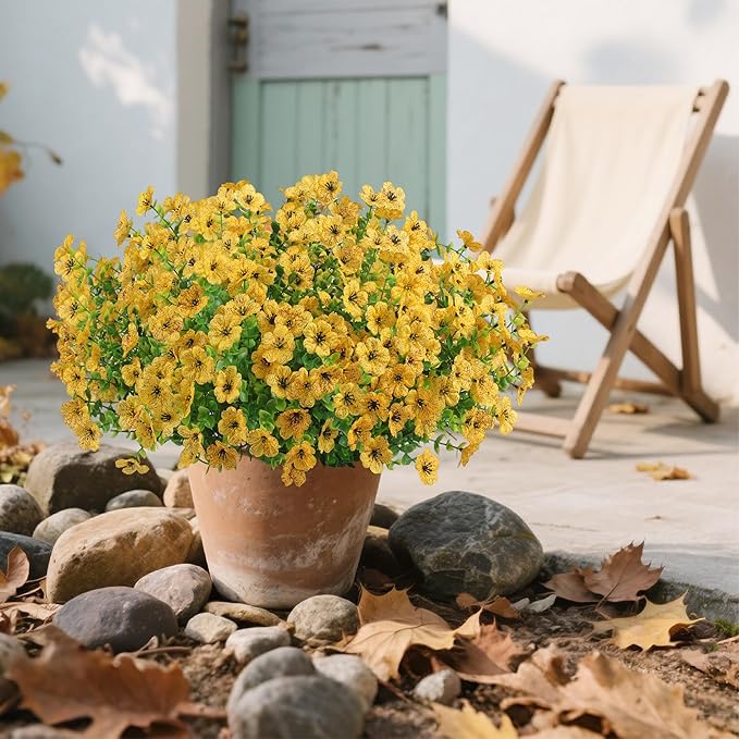 12 Bundles Artificial Flowers Plants for Outdoor Indoor Summer Home Decor, Faux Flower Daisy with Eucalyptus Leaves Fake Plants, UV Resistant Artificial Flowers for Garden Porch Patio Decor Yellow