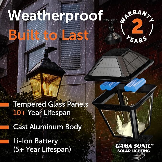 Gama Sonic Imperial Solar Post Light, Black Aluminum and Glass, Triple Candelabra Bulb with 3-inch Fitter for Lamp Poles, Warm White 2700K, 37BC50012