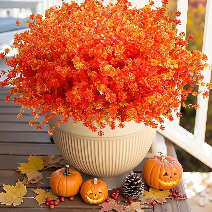 Ivydale Artificial Fake Mums Fall Flowers Plants for Outdoor Outside Autumn Decor, 12 Bundles Faux Orange Daisy Plastic Greenery UV Resistant for Front Door Porch Patio Balcony Garden Yard Decor