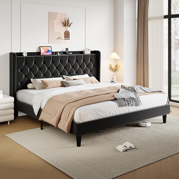 SHA CERLIN King Size Platform Bed Frame with Charging Station, Velvet Wingback Headboard with Storage Shelf, Wooden Slats Support, Ample Under-Bed Space, No Box Spring Needed, Easy Assembly, Black