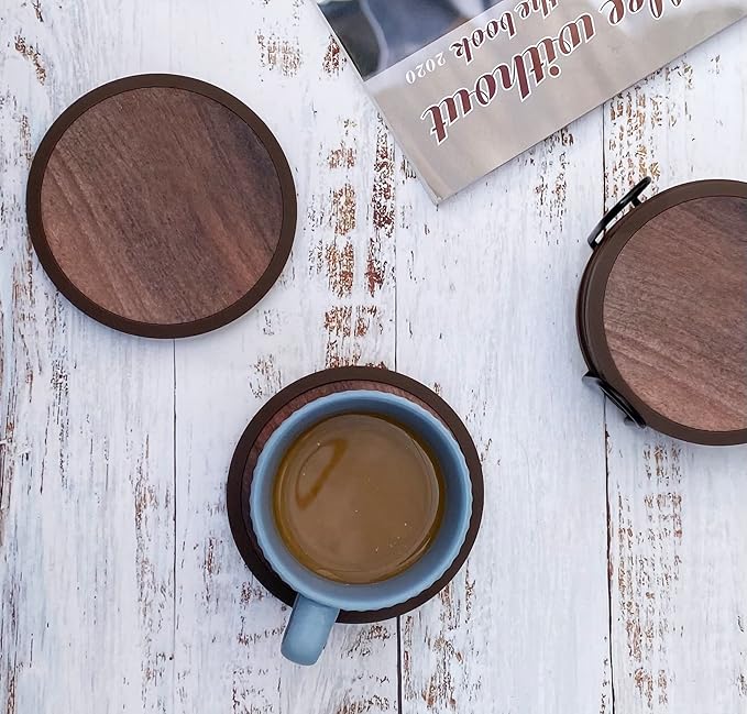 Absorbent Coasters for Drinks with Holder - 6packs, Silicone Coaster with Soft Felt Insert (4.3 inch Coasters with 4.5 inch Holder, Wooden Style)