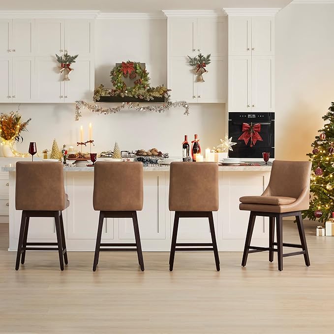 CHITA Counter Height Swivel Bar Stools Set of 4, FSC Certified Upholstered Faux Leather Barstool Chairs with Back, 26.8" H Seat Height, PU Leather in Retro Brown