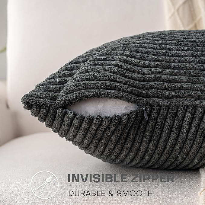 Decorative Throw Pillow Covers 16x16 Inch Set of 2 for Boho Living Room Farmhouse Home Decor, Spring Pillow Covers for Couch Bed, Soft Corduroy Striped Patchwork Cushion Cases, Dark Gray