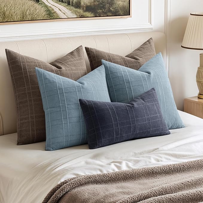MIULEE Decorative Linen Check Lumar Throw Pillow Covers Neutral Farmhouse Vintage Pillow Covers 12x20 Set of 2 Boho Modern Home Decor for Sofa Couch Bedroom Cushion Navy Blue